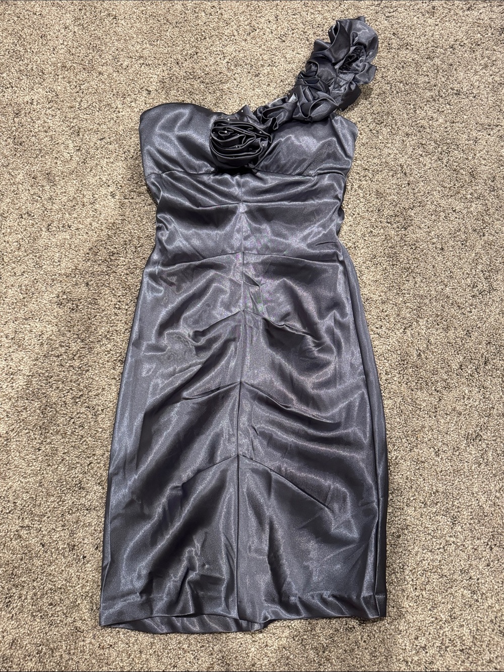 Blondie Nites One-Shoulder Metallic Charcoal Rosette Dress